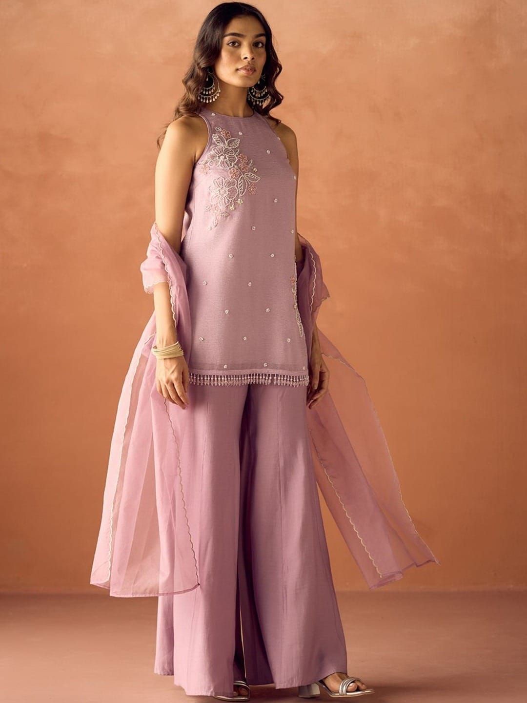 Mauve Crunchy Silk Embroidered Kurti Palazzo Set for Women