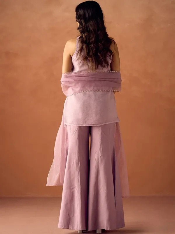 Mauve Crunchy Silk Embroidered Kurti Palazzo Set for Women