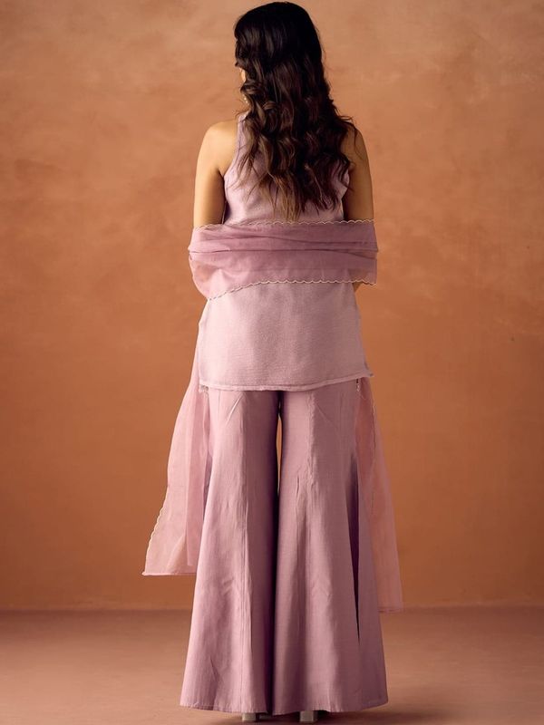 Mauve Crunchy Silk Embroidered Kurti Palazzo Set for Women
