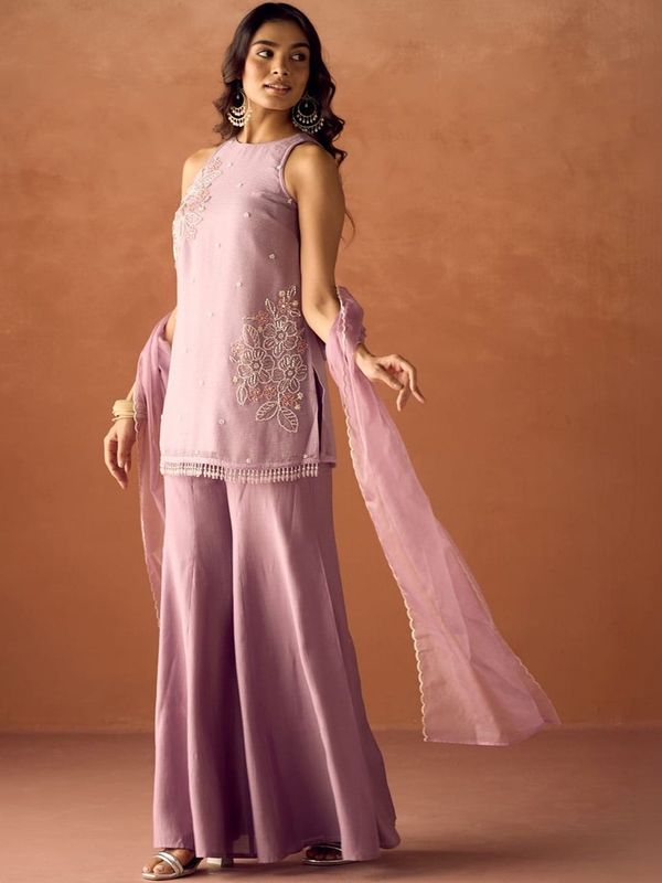 Mauve Crunchy Silk Embroidered Kurti Palazzo Set for Women
