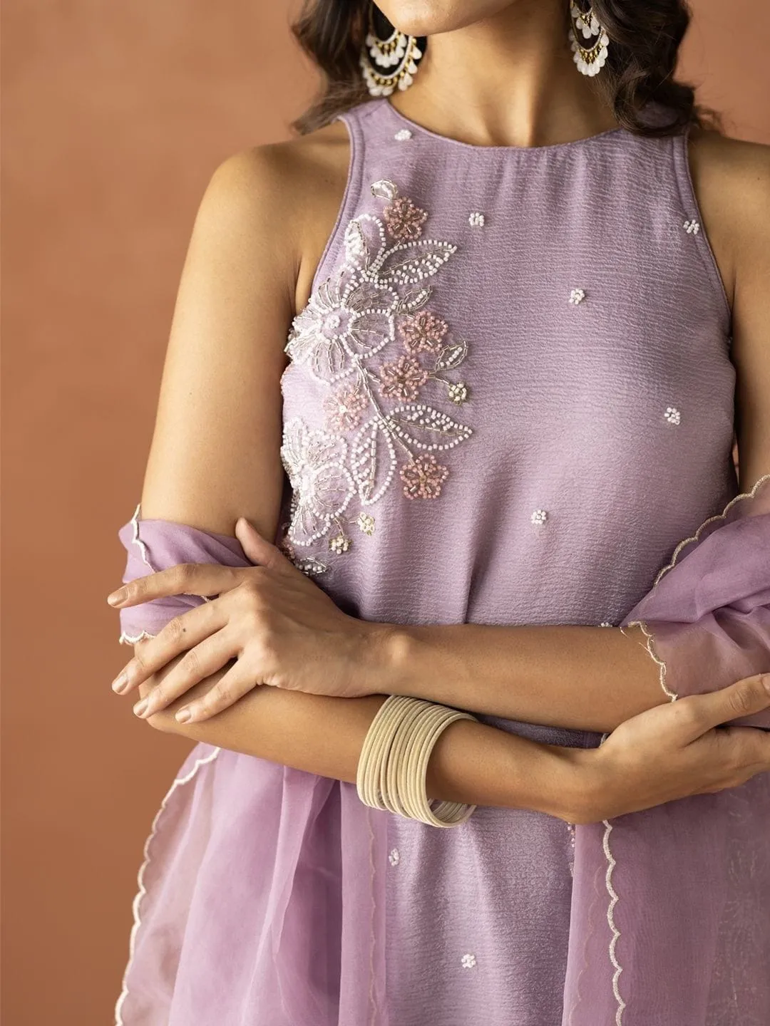 Mauve Crunchy Silk Embroidered Kurti Palazzo Set for Women
