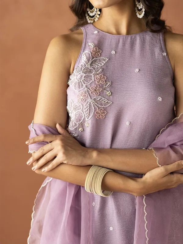 Mauve Crunchy Silk Embroidered Kurti Palazzo Set for Women