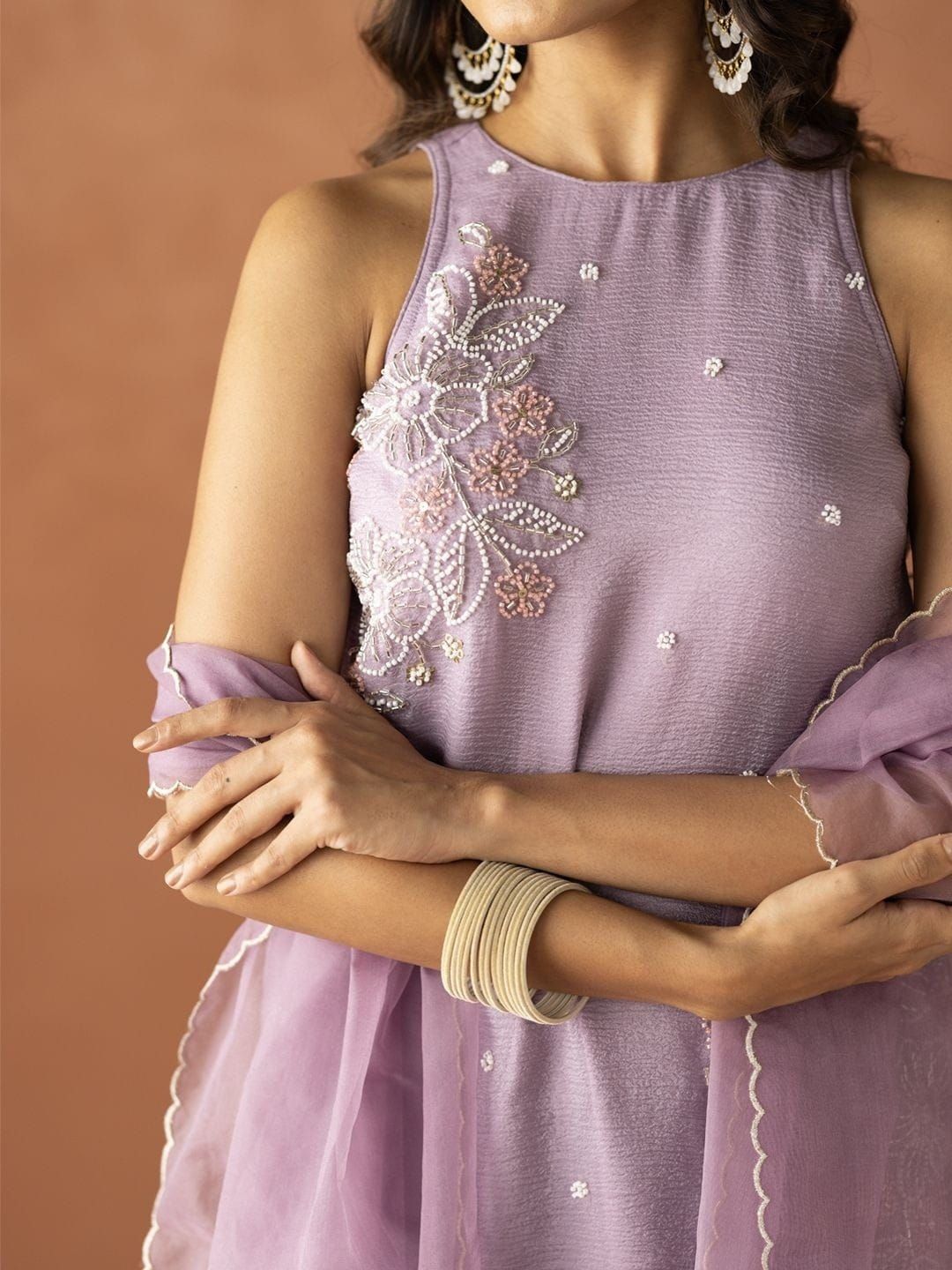 Mauve Crunchy Silk Embroidered Kurti Palazzo Set for Women