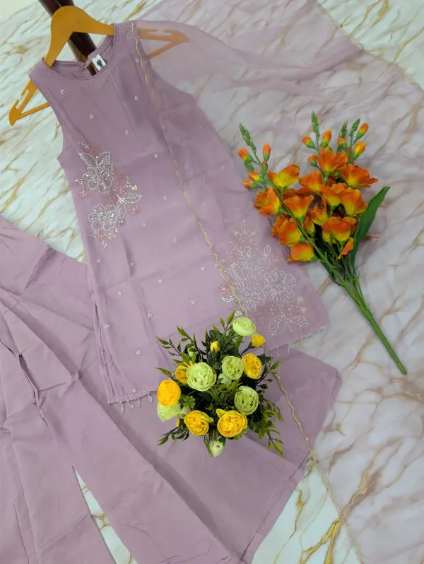 Mauve Crunchy Silk Embroidered Kurti Palazzo Set for Women