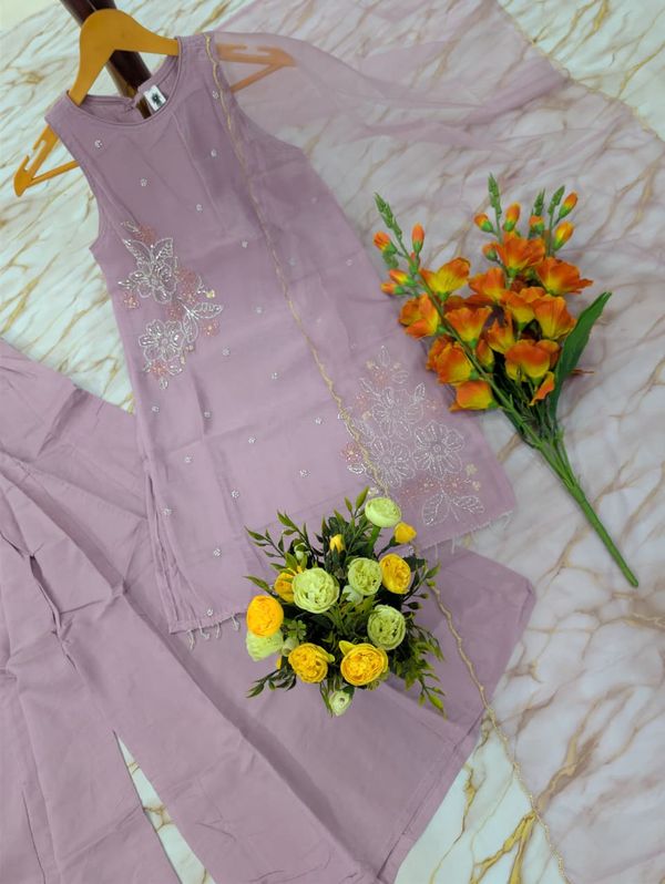 Mauve Crunchy Silk Embroidered Kurti Palazzo Set for Women