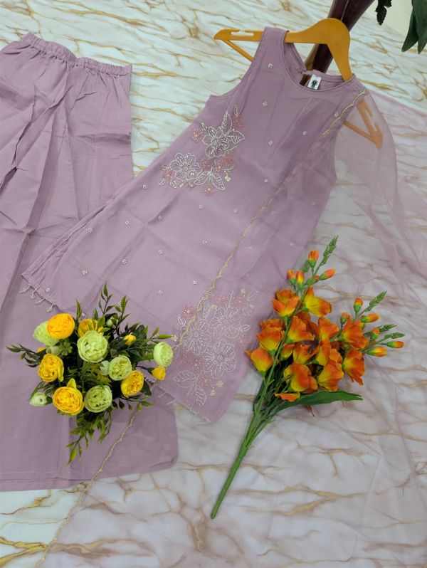 Mauve Crunchy Silk Embroidered Kurti Palazzo Set for Women