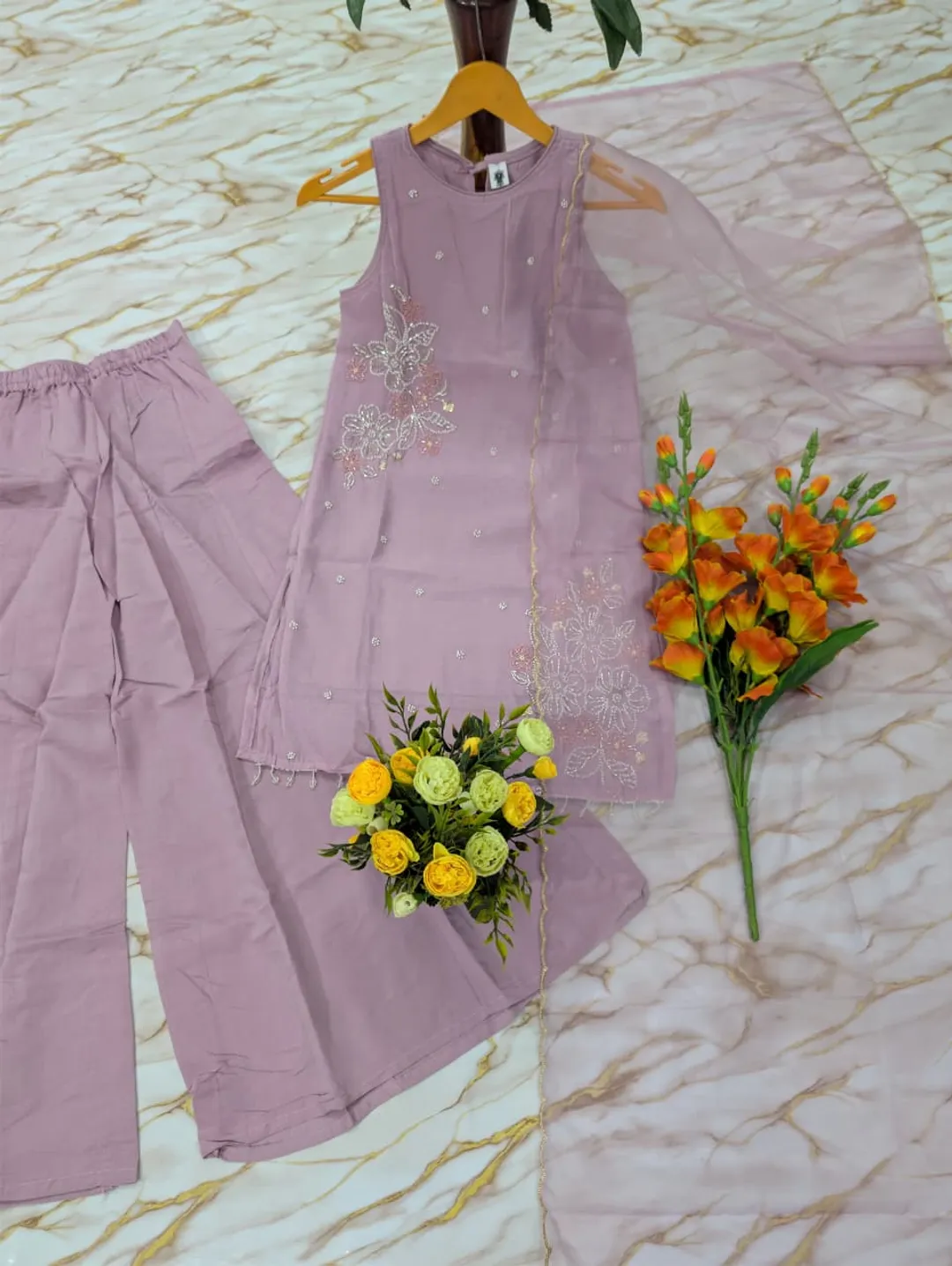 Mauve Crunchy Silk Embroidered Kurti Palazzo Set for Women