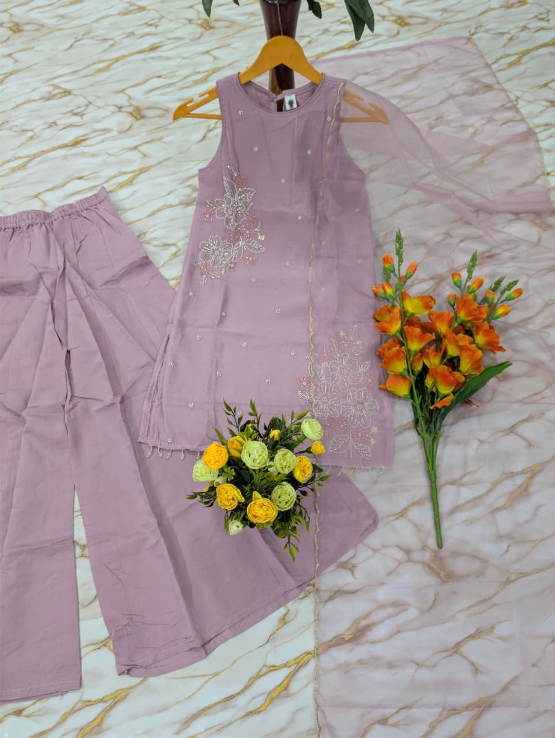 Mauve Crunchy Silk Embroidered Kurti Palazzo Set for Women