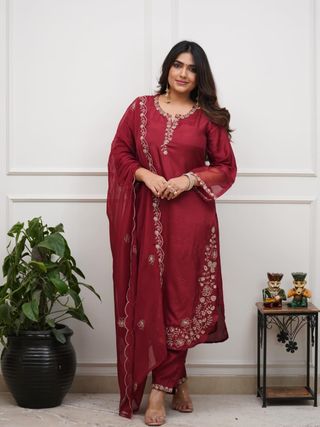 Maroon Viscose Chanderi Silk Embroidered Kurta Set for Women
