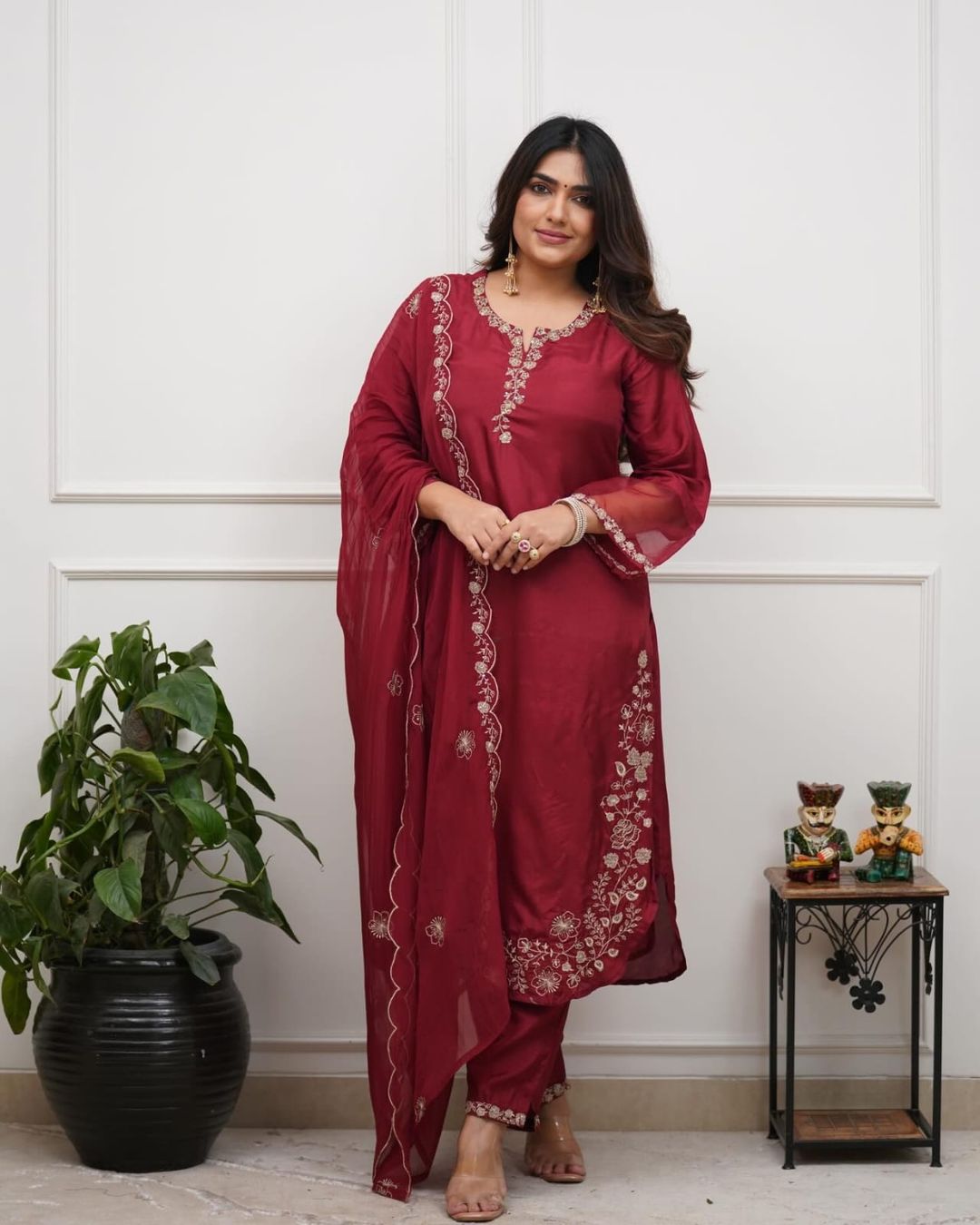 Maroon Viscose Chanderi Silk Embroidered Kurta Set for Women