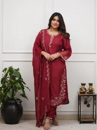 Maroon Viscose Chanderi Silk Embroidered Kurta Set for Women