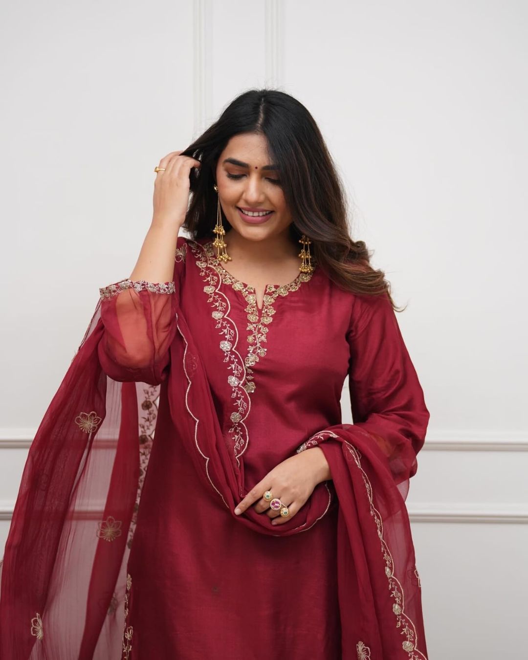 Maroon Viscose Chanderi Silk Embroidered Kurta Set for Women