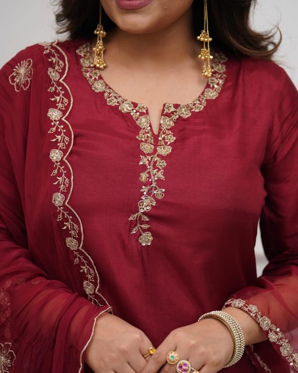 Maroon Viscose Chanderi Silk Embroidered Kurta Set for Women