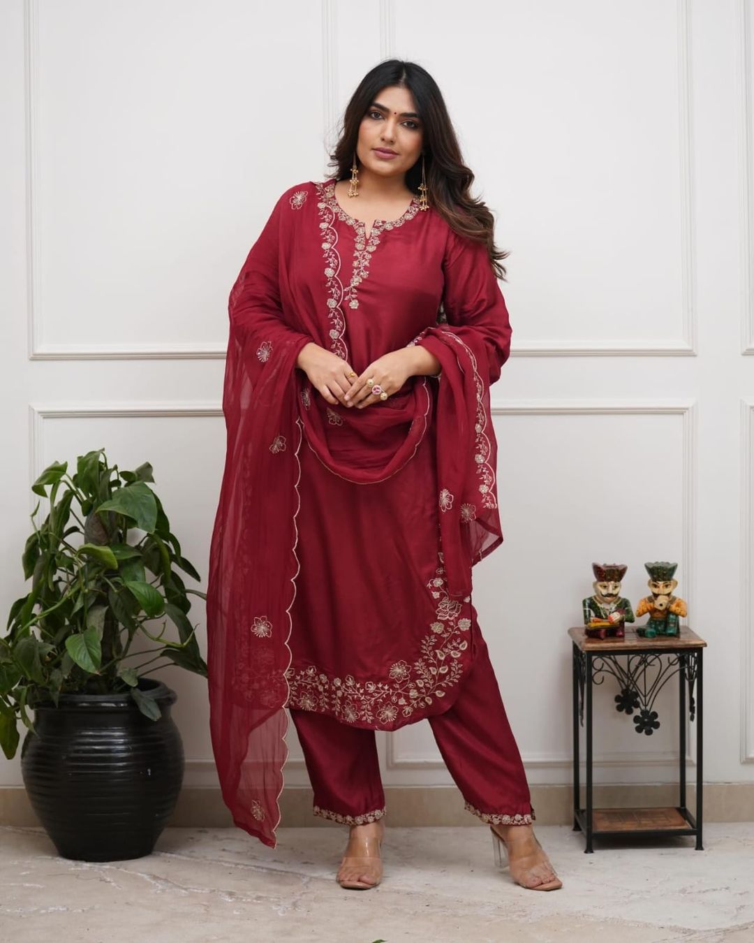 Maroon Viscose Chanderi Silk Embroidered Kurta Set for Women
