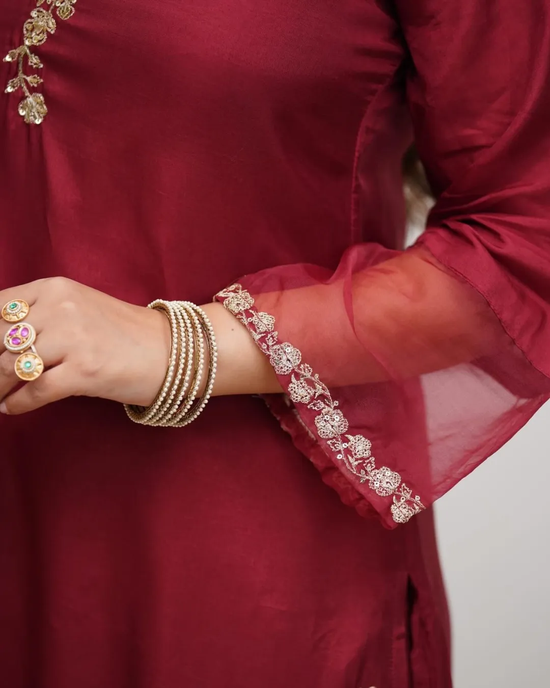 Maroon Viscose Chanderi Silk Embroidered Kurta Set for Women