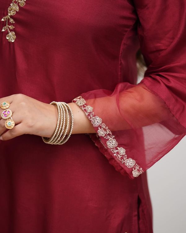 Maroon Viscose Chanderi Silk Embroidered Kurta Set for Women