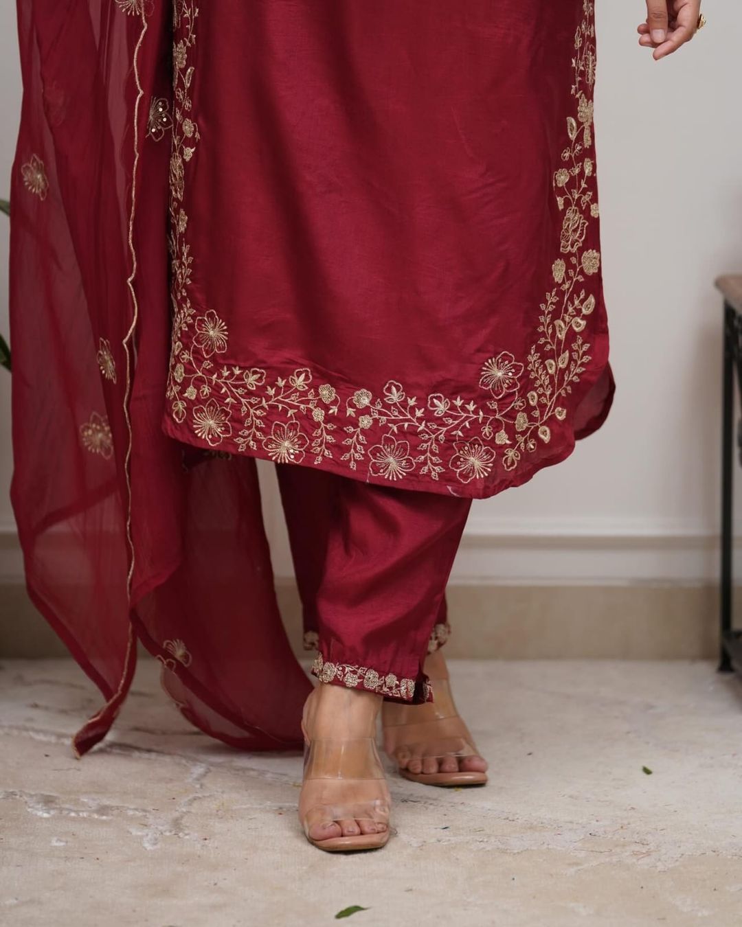 Maroon Viscose Chanderi Silk Embroidered Kurta Set for Women