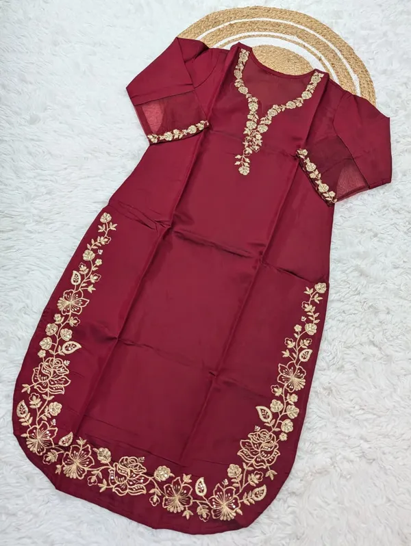 Maroon Viscose Chanderi Silk Embroidered Kurta Set for Women