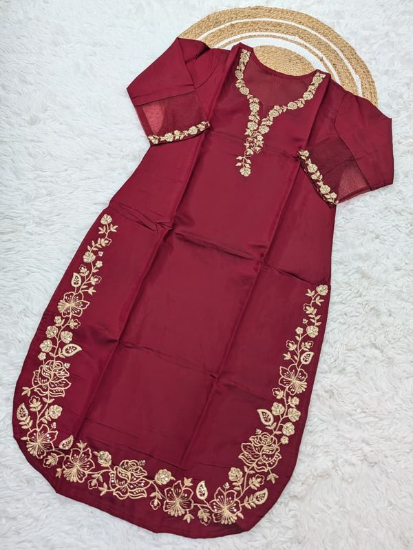 Maroon Viscose Chanderi Silk Embroidered Kurta Set for Women