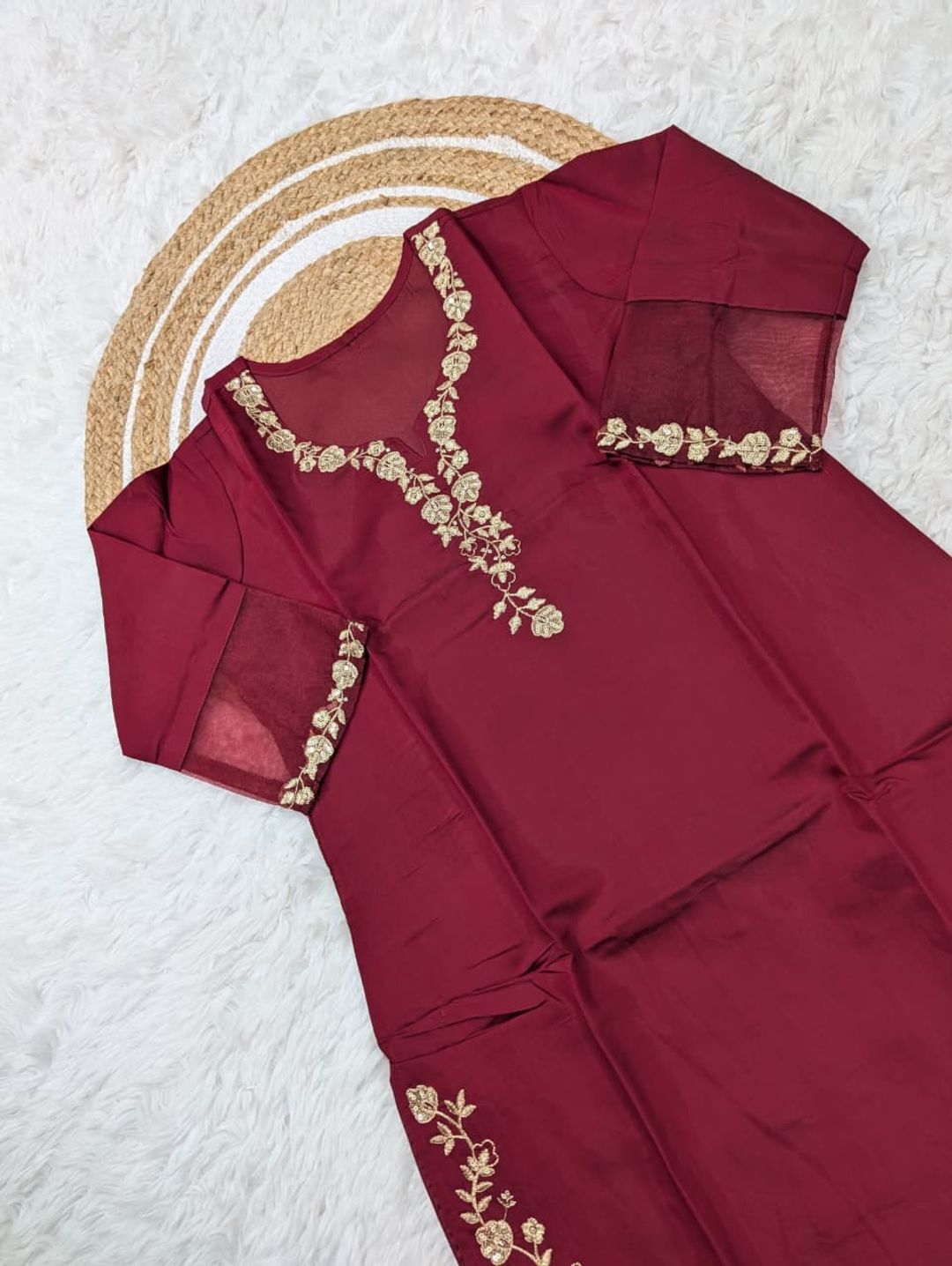 Maroon Viscose Chanderi Silk Embroidered Kurta Set for Women