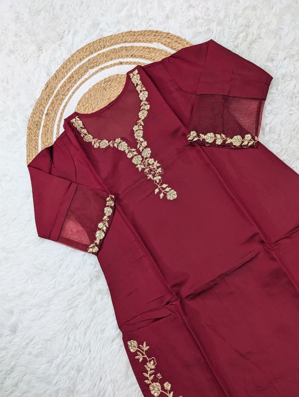 Maroon Viscose Chanderi Silk Embroidered Kurta Set for Women
