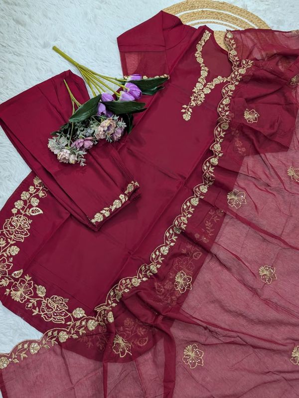 Maroon Viscose Chanderi Silk Embroidered Kurta Set for Women