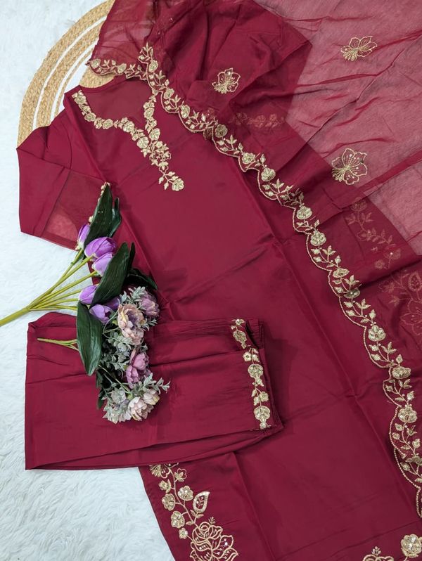 Maroon Viscose Chanderi Silk Embroidered Kurta Set for Women