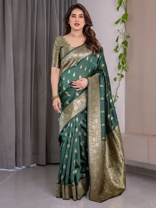 Reen Banarasi Soft Silk Saree with Floral Zari Borders