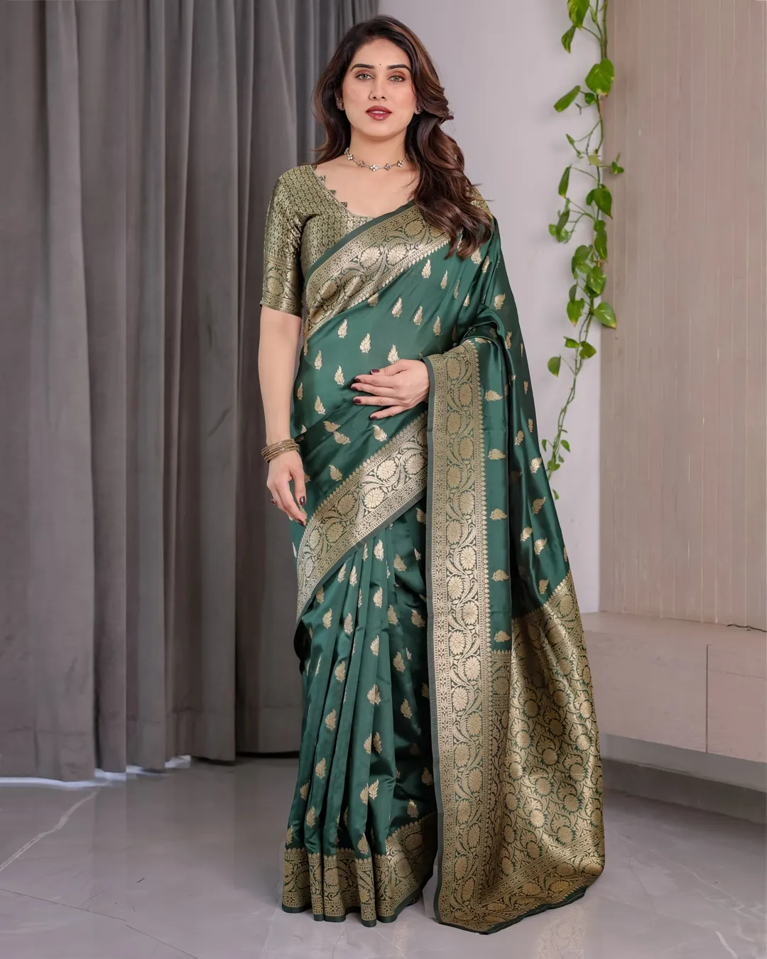 reen Banarasi Soft Silk Saree with Floral Zari Borders