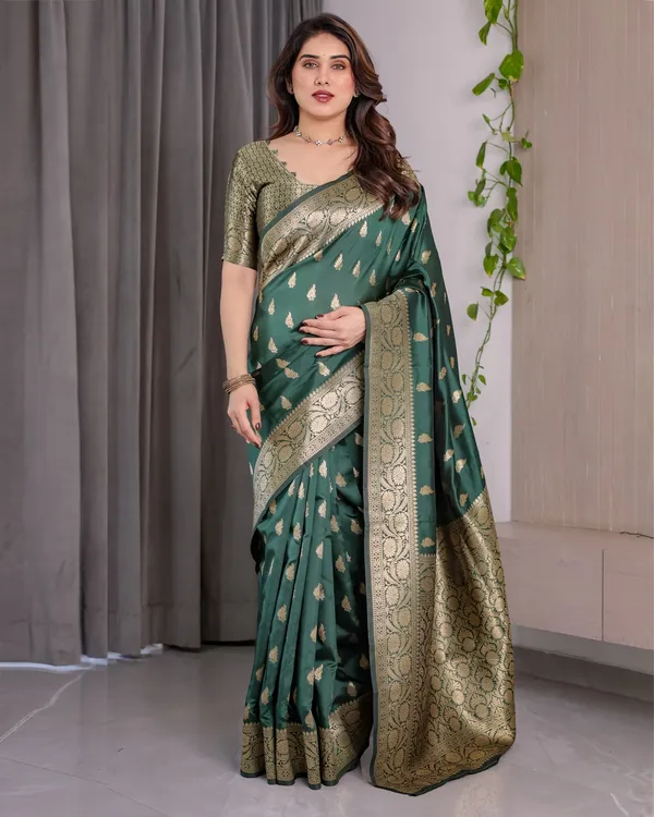 reen Banarasi Soft Silk Saree with Floral Zari Borders