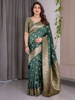 reen Banarasi Soft Silk Saree with Floral Zari Borders
