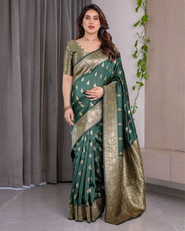 reen Banarasi Soft Silk Saree with Floral Zari Borders