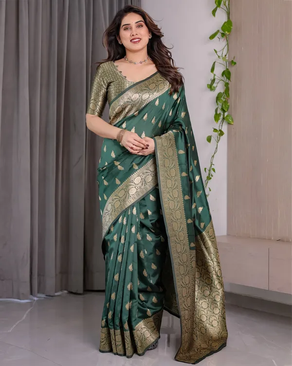 reen Banarasi Soft Silk Saree with Floral Zari Borders