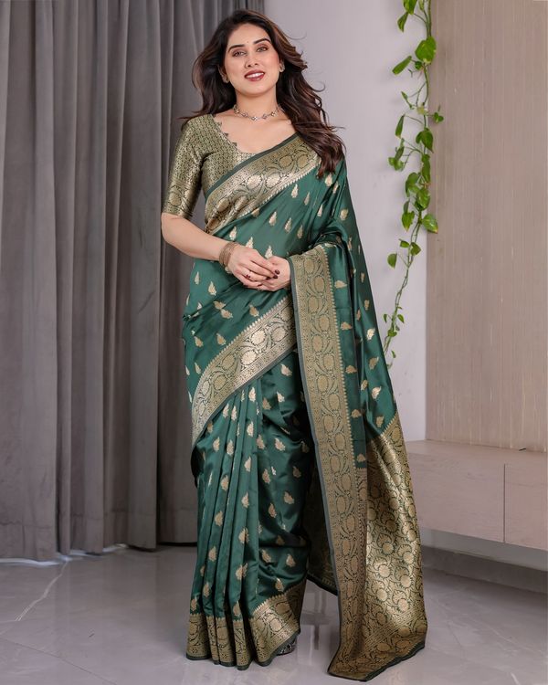 reen Banarasi Soft Silk Saree with Floral Zari Borders