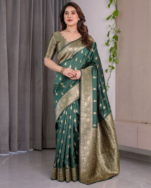 reen Banarasi Soft Silk Saree with Floral Zari Borders