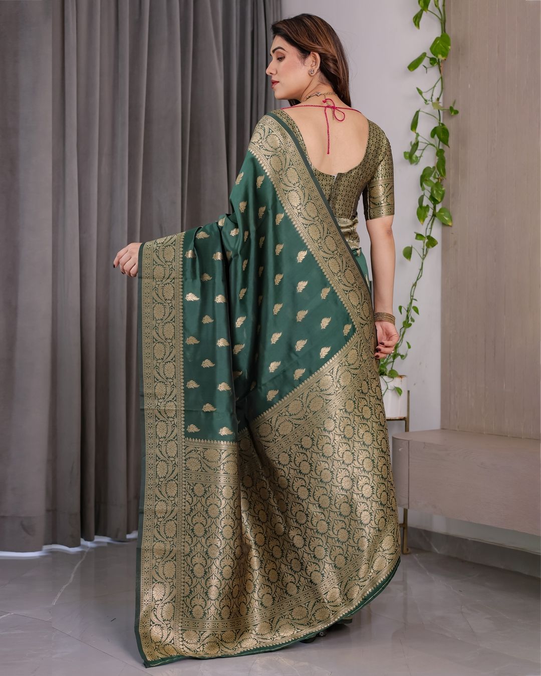 reen Banarasi Soft Silk Saree with Floral Zari Borders