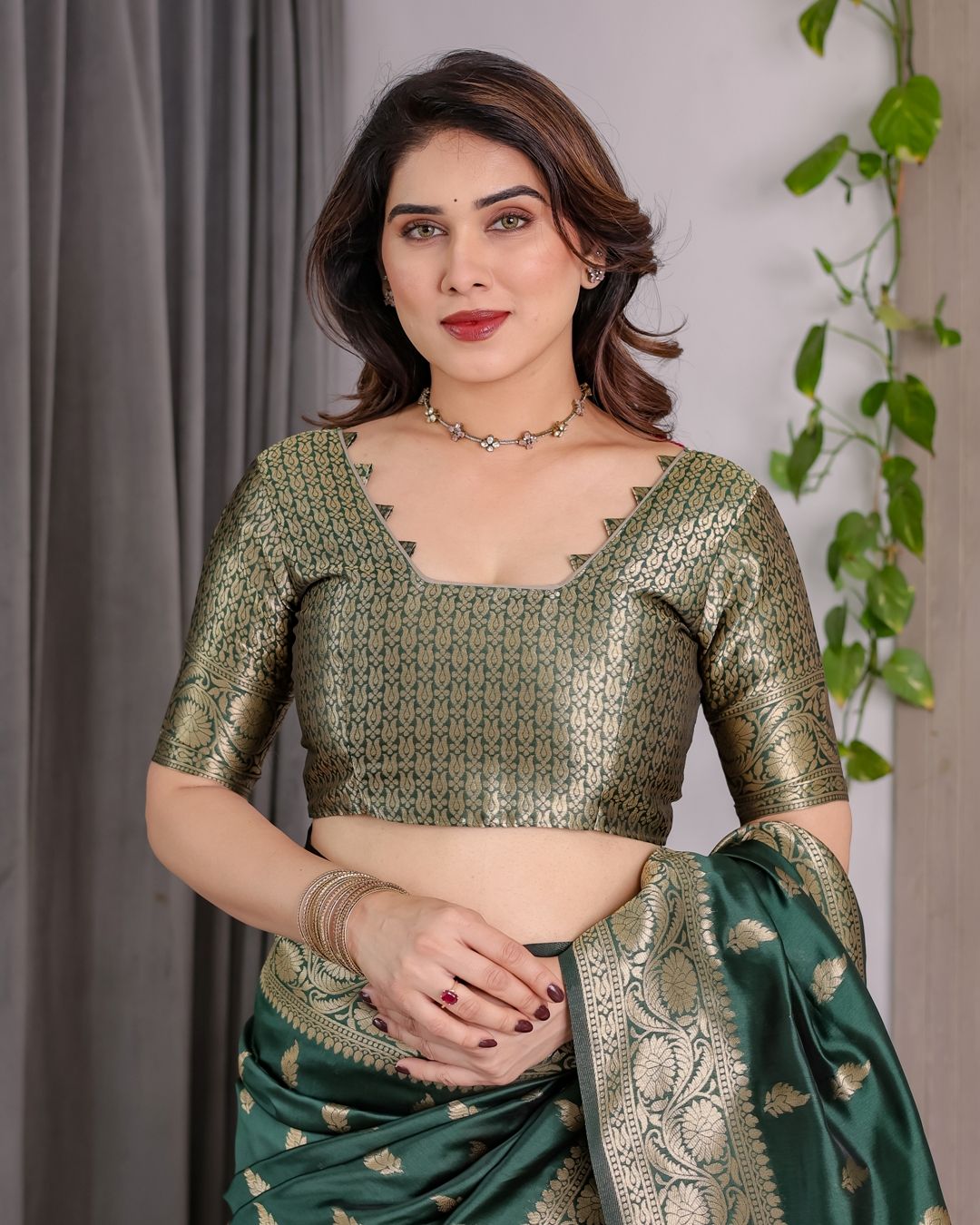 reen Banarasi Soft Silk Saree with Floral Zari Borders