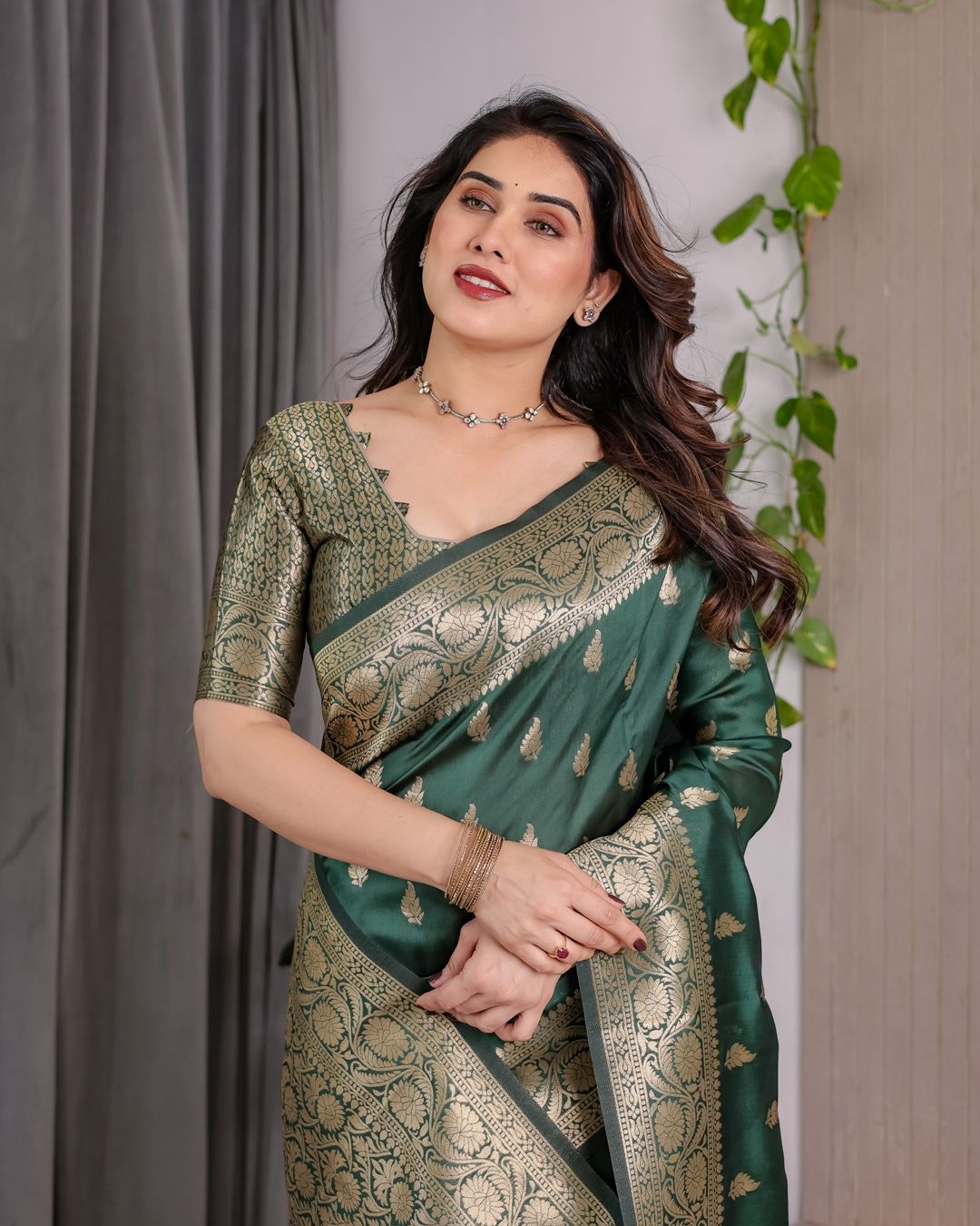 reen Banarasi Soft Silk Saree with Floral Zari Borders