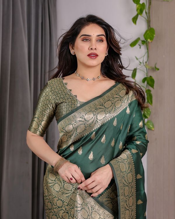 reen Banarasi Soft Silk Saree with Floral Zari Borders