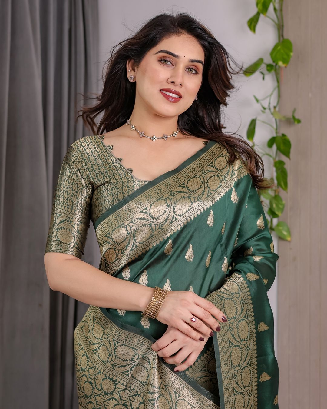 reen Banarasi Soft Silk Saree with Floral Zari Borders