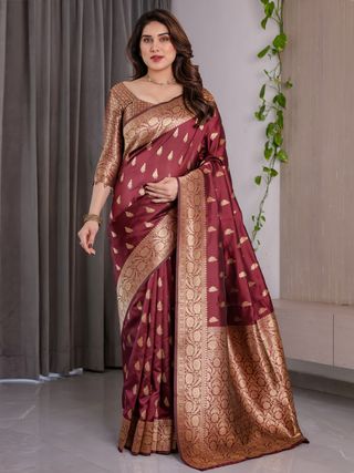 Maroon Banarasi Silk Saree With Floral Jacquard Zari Border
