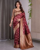 Maroon Banarasi Silk Saree With Floral Jacquard Zari Border - Maroon, Rust, Burgundy, Chestnut
