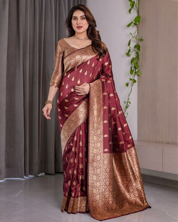 Maroon Banarasi Silk Saree With Floral Jacquard Zari Border