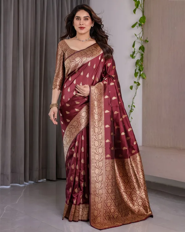 Maroon Banarasi Silk Saree With Floral Jacquard Zari Border