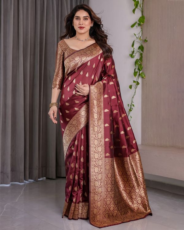 Maroon Banarasi Silk Saree With Floral Jacquard Zari Border
