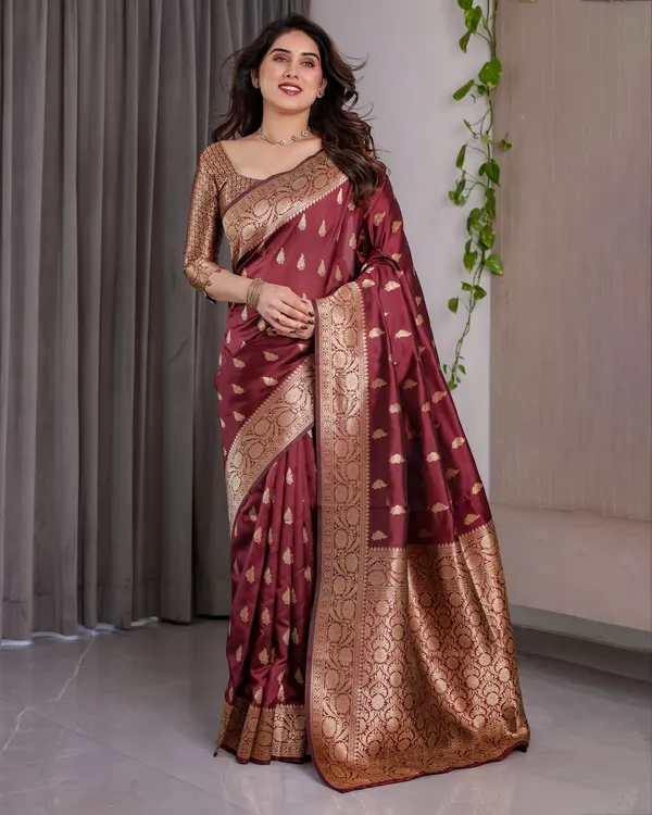 Maroon Banarasi Silk Saree With Floral Jacquard Zari Border