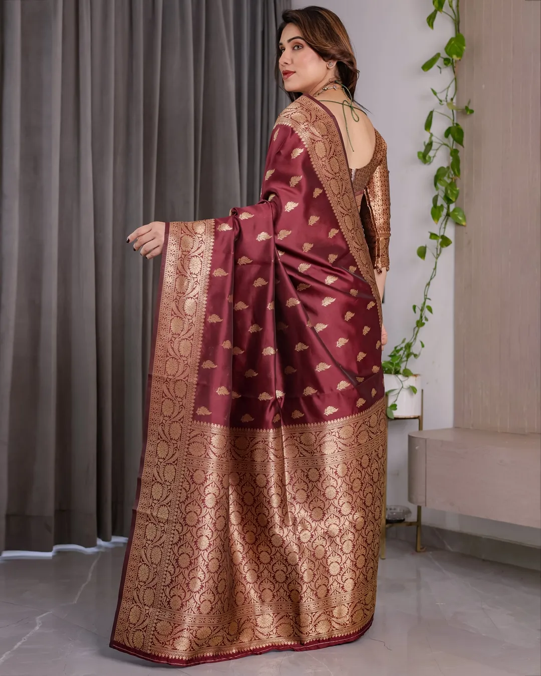 Maroon Banarasi Silk Saree With Floral Jacquard Zari Border