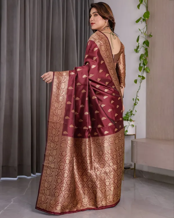Maroon Banarasi Silk Saree With Floral Jacquard Zari Border