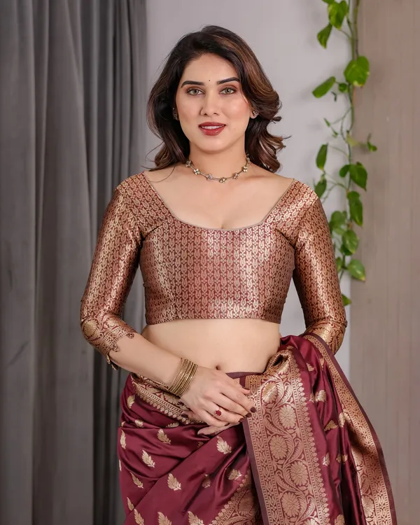 Maroon Banarasi Silk Saree With Floral Jacquard Zari Border