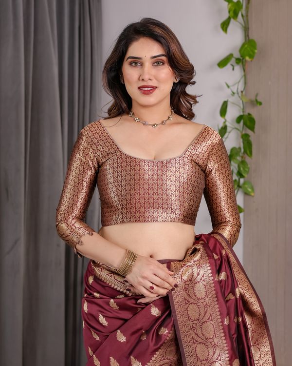 Maroon Banarasi Silk Saree With Floral Jacquard Zari Border
